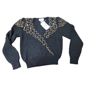 Jaclyn Smith NWT Vintage Black Gold Embroidered Metallic Beaded VNeck Sweater M